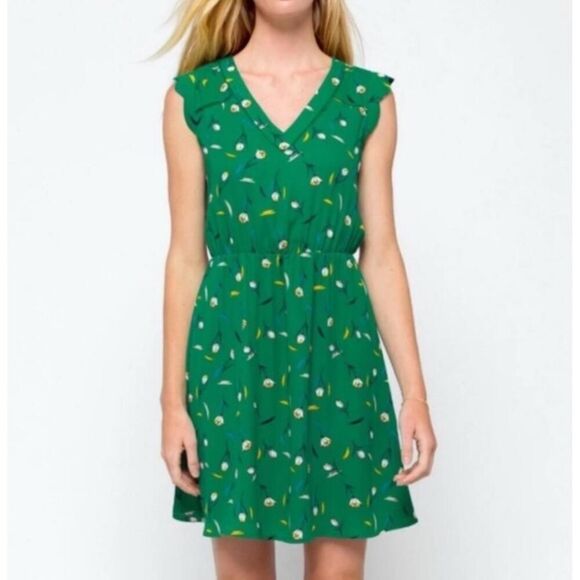 NWT 41 Hawthorn Stitch Fix Green Floral VNeck Ruffled Sleeveless Dress Sm cutout - Picture 1 of 6